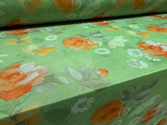 Power mesh net stretch spandex fabric, per metre - roses print - green & orange