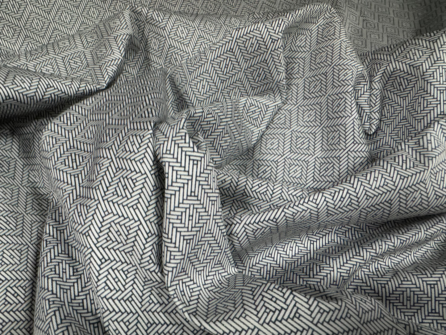 Cotton viscose blend woven fashion fabric, per metre - geometric print - grey & navy