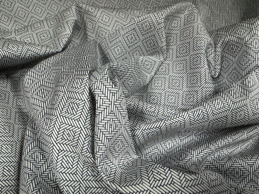 Cotton viscose blend woven fashion fabric, per metre - geometric print - grey & navy