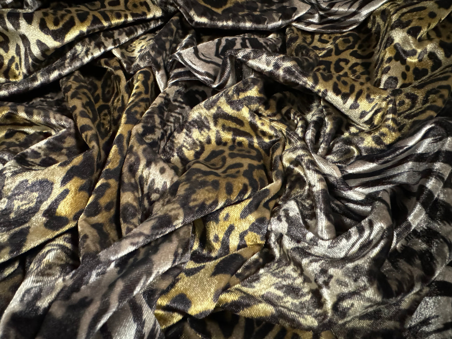 Spandex velvet stretch dress fabric, per mere - leopard safari print - taupe & gold