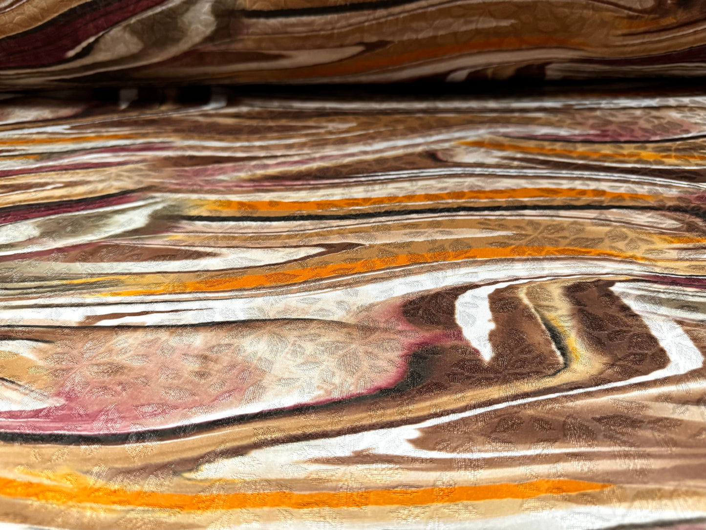 Stretch spandex jersey jacquard fabric, per metre - abstract swirl print - Earth tones