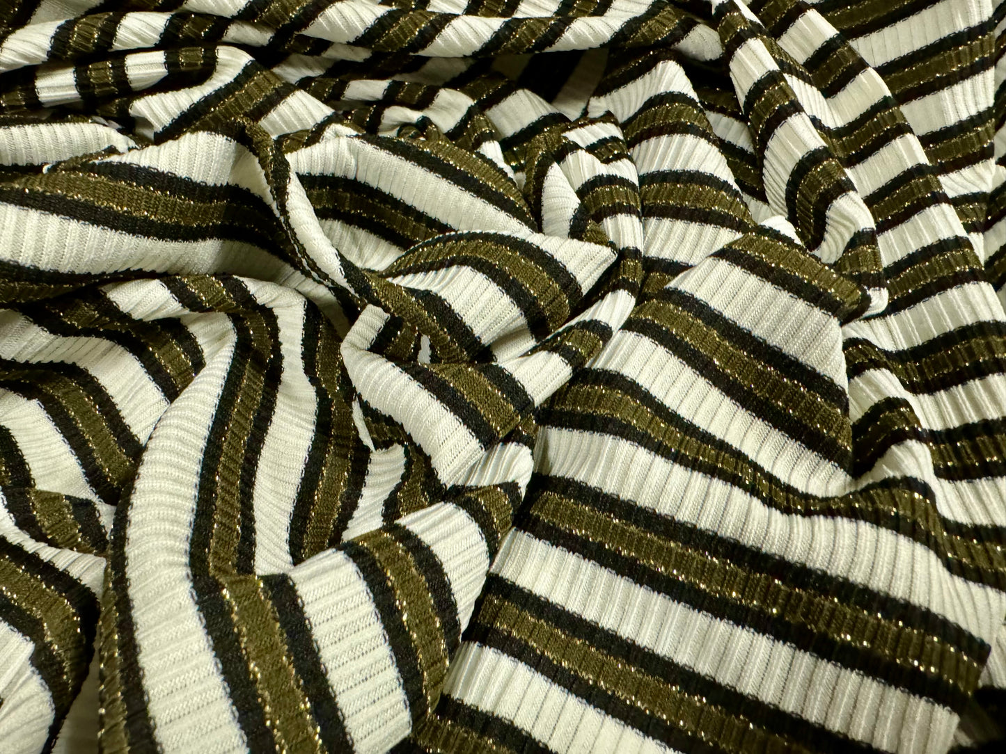 Metallic stretch spandex rib bodycon jersey fabric, per metre - stripe - khaki & ivory with gold lurex