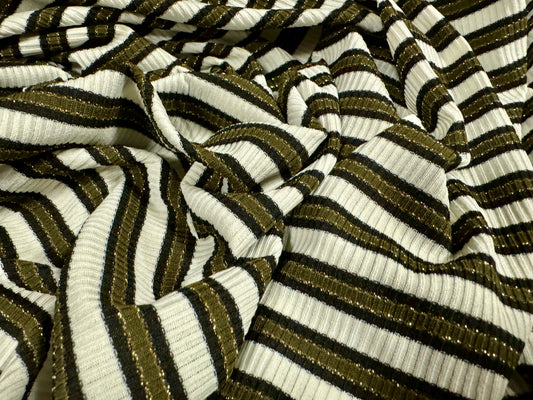 Metallic stretch spandex rib bodycon jersey fabric, per metre - stripe - khaki & ivory with gold lurex