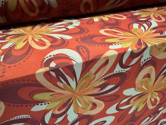 Power mesh net stretch spandex fabric, per metre - retro floral print - burnt orange