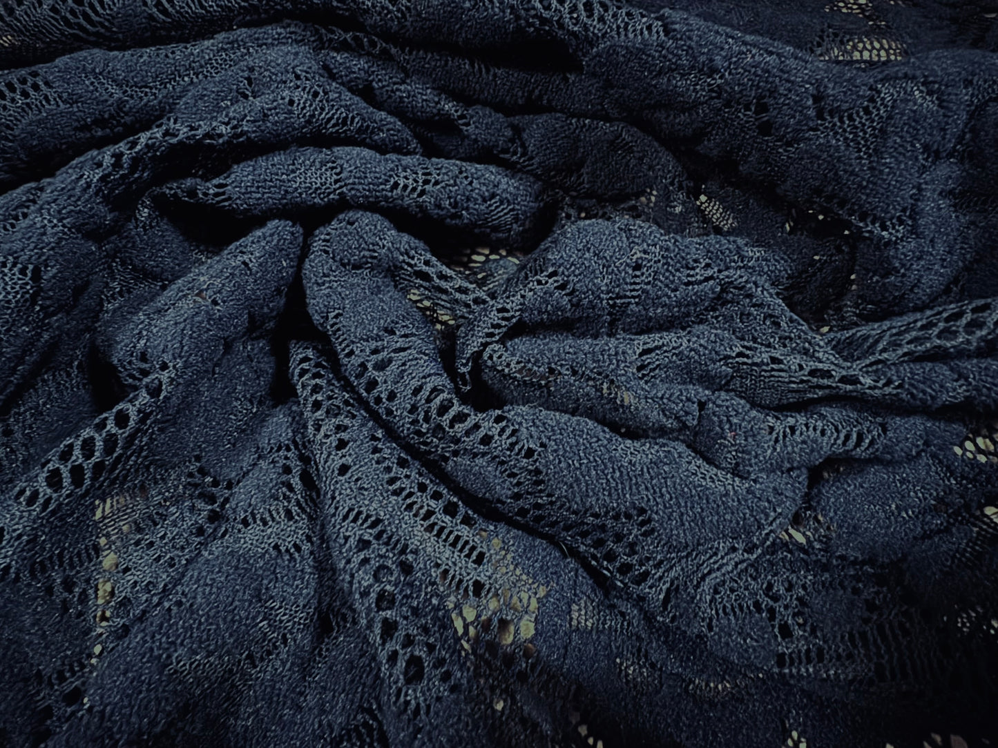 Flocked lace dress fabric, per metre - flowers & leaves - dark navy blue