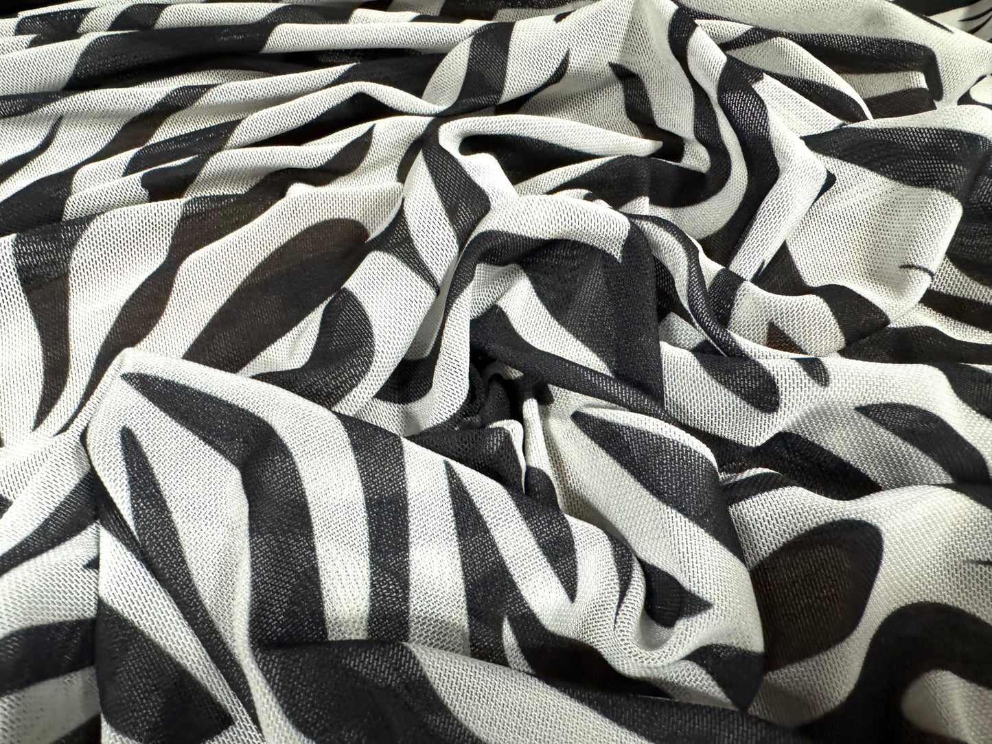 Power mesh net stretch spandex fabric, per metre - zebra animal print - black & white