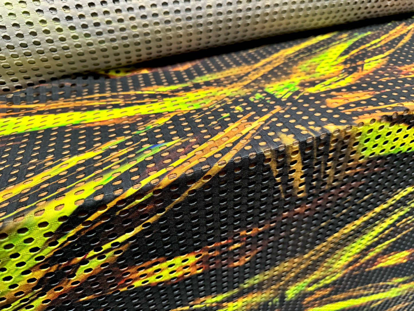 Airtex fishnet mesh style jersey fabric, per metre - abstract print - black & lime