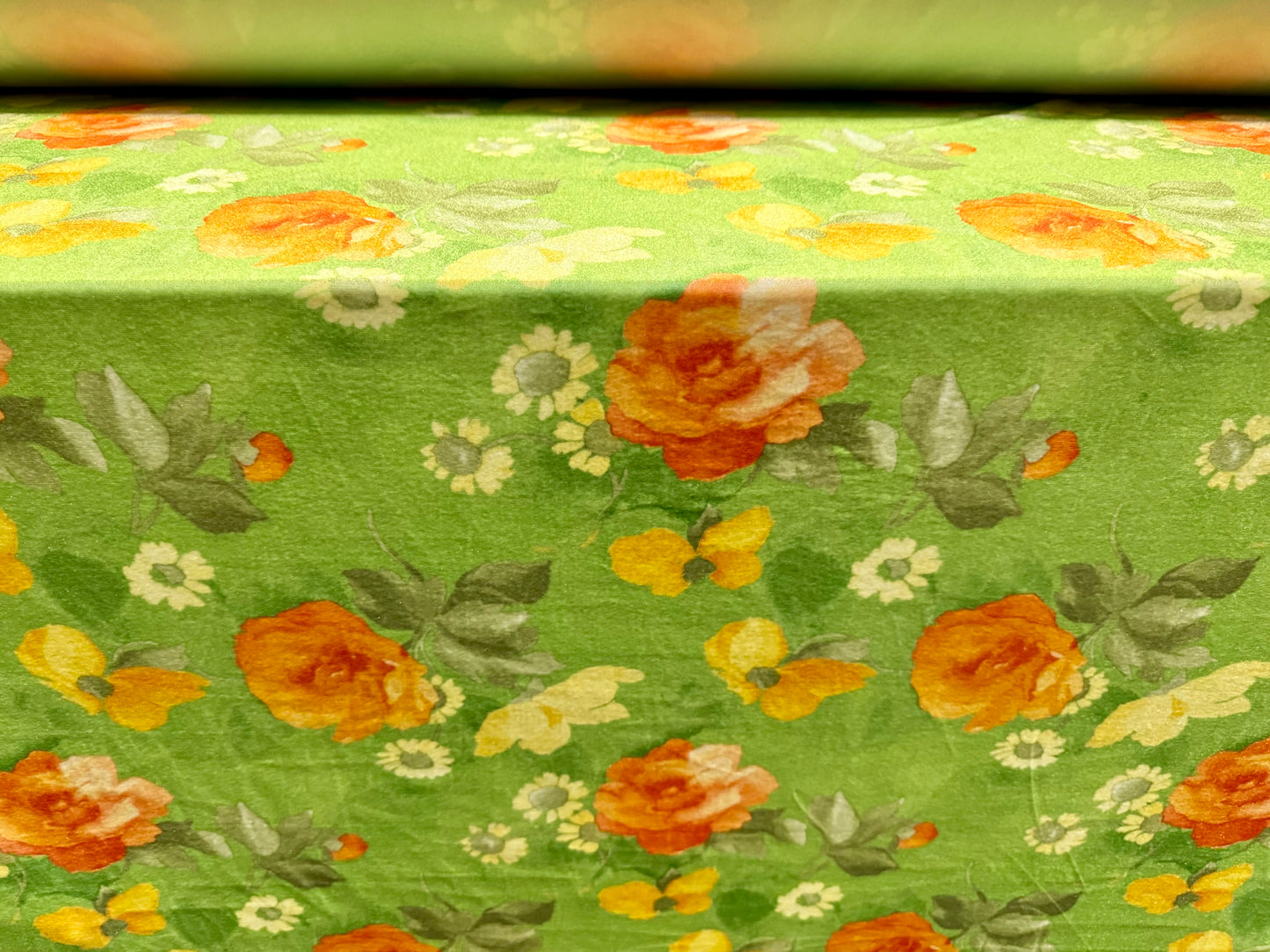 Spandex velvet stretch dress fabric, per mere - rose print - green & orange