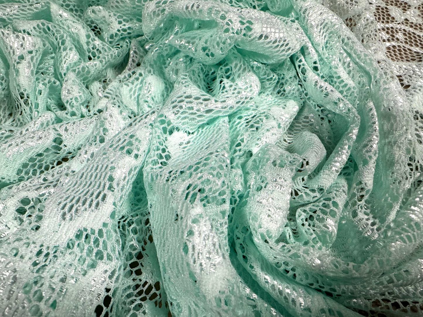 Stretch spandex lace dress fabric with scalloped selvedge, per metre - floral - aqua