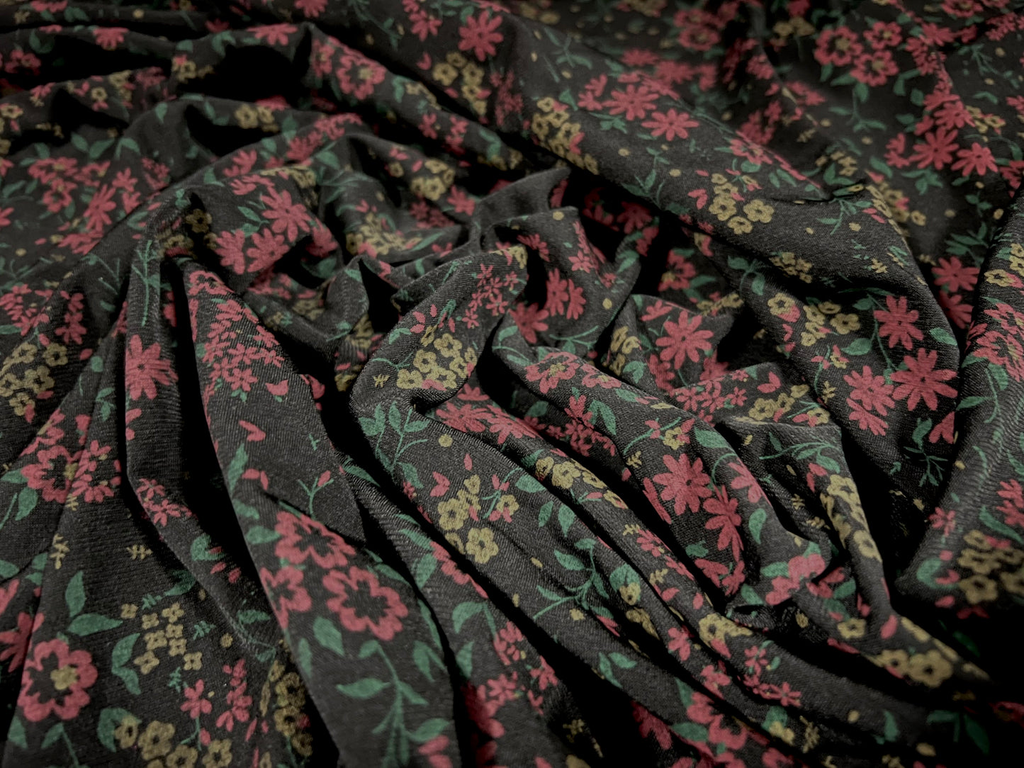 Viscose spandex stretch single jersey fabric, per metre - floral print - dark wine & black