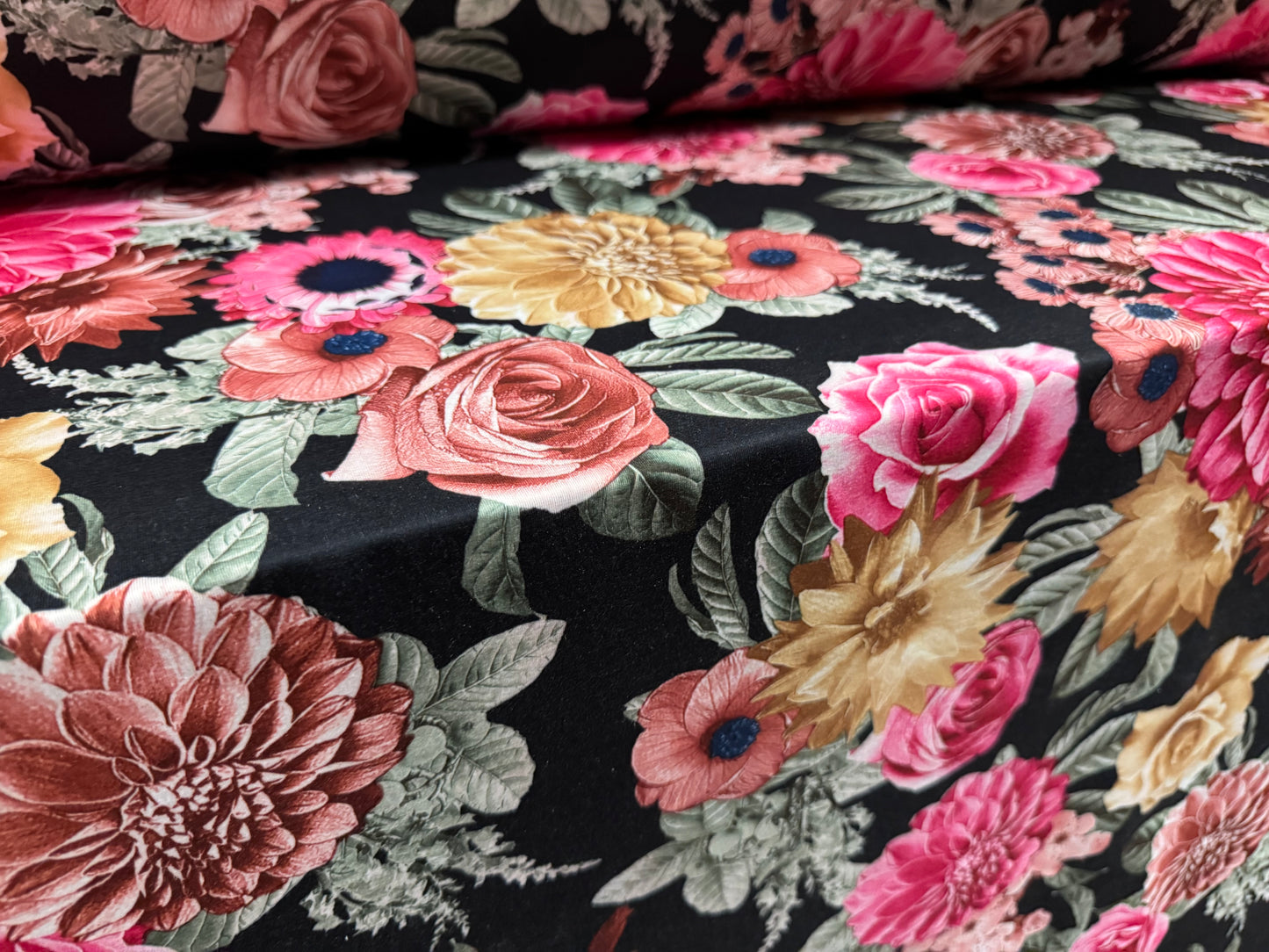 Stretch spandex interlock jersey fabric, per metre - carnations floral print - black & pink