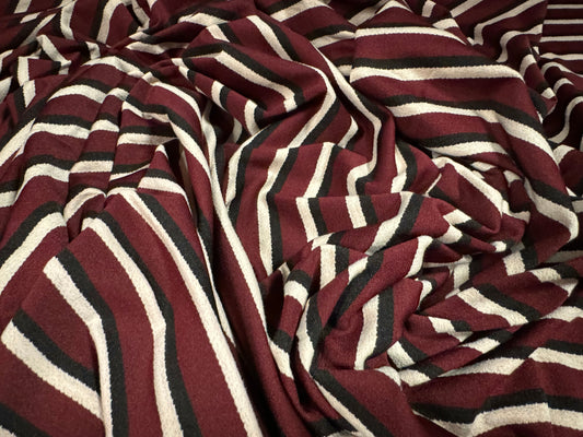 Stretch crepe jersey dress fabric, per metre - stripe - burgundy & cream