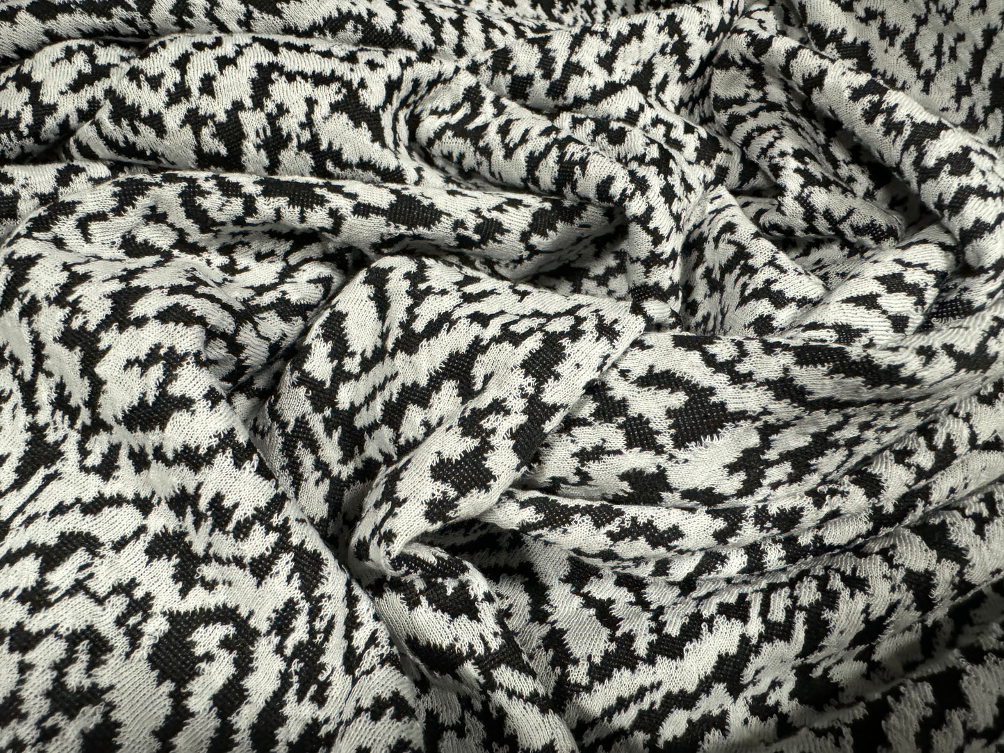 Stretch double jersey fashion fabric, per metre - stylised herringbone jacquard - black & white