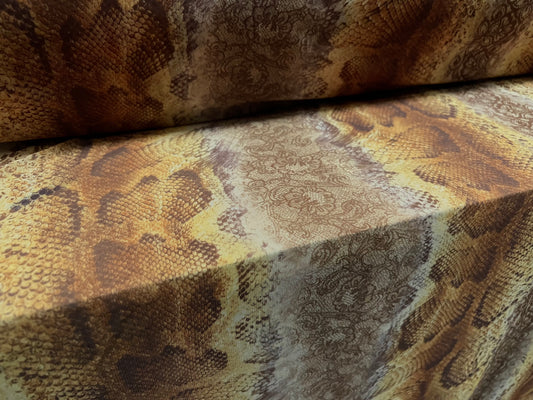 Power mesh net sheer stretch spandex fabric, per metre - snakeskin floral print - mustard & brown