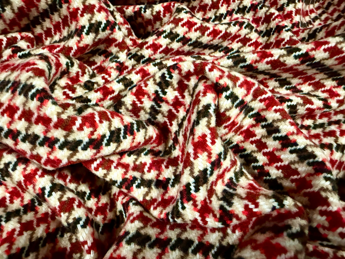 Heavyweight wool flannel fabric, per metre - houndstooth - red cream & black