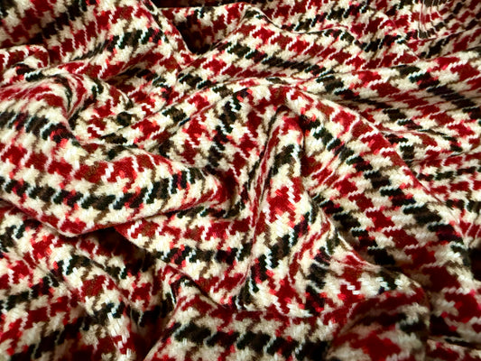 Heavyweight wool flannel fabric, per metre - houndstooth - red cream & black