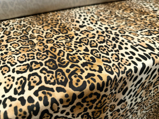 Scuba crepe fabric stretch spandex jersey, per metre - ocelot animal print - cream & beige