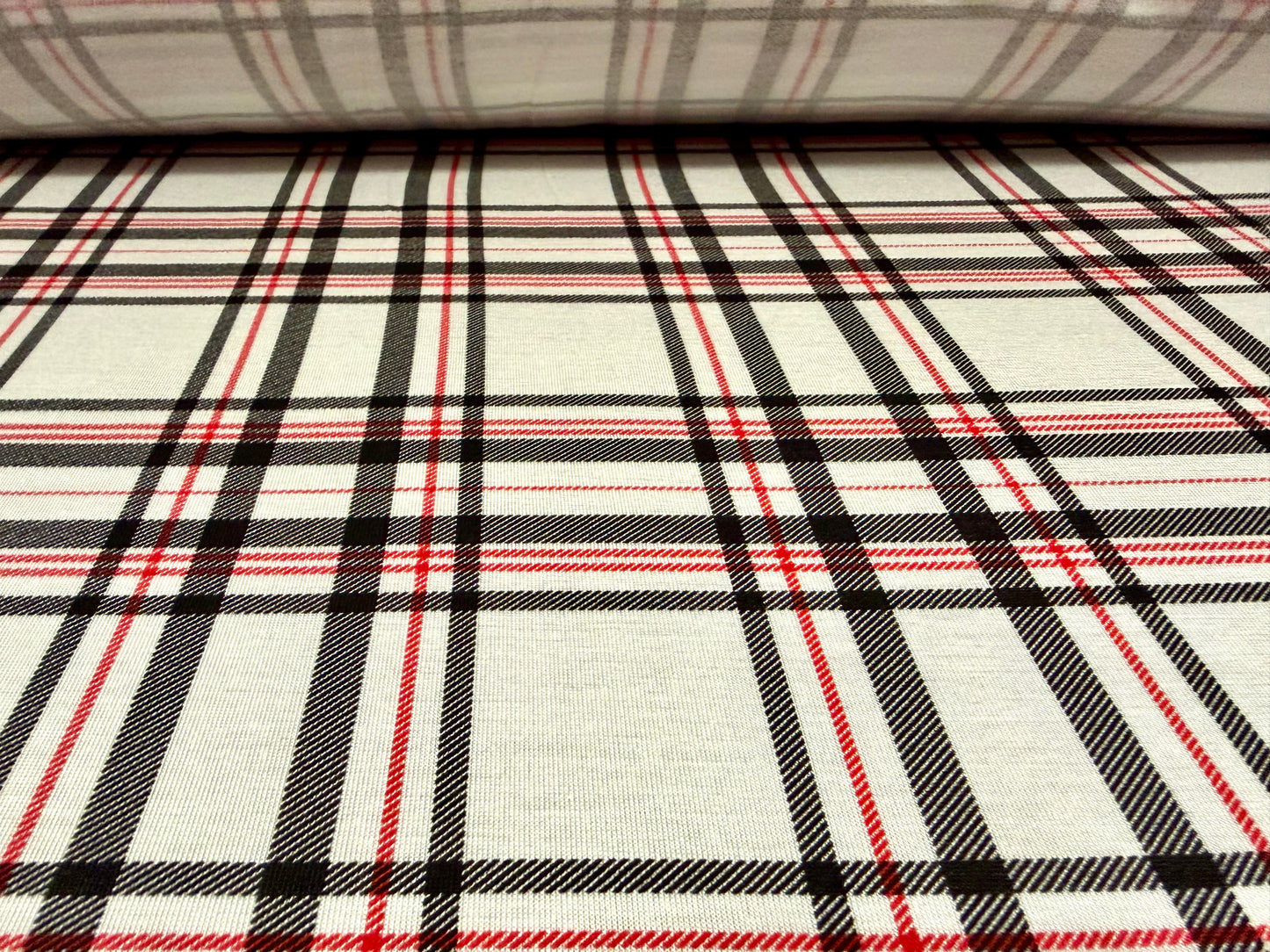 Viscose spandex stretch jersey fabric, per metre - tartan check print - white red & black
