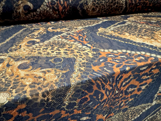 Stretch spandex lace fabric, per metre - leopard & chains print - black gold & orange