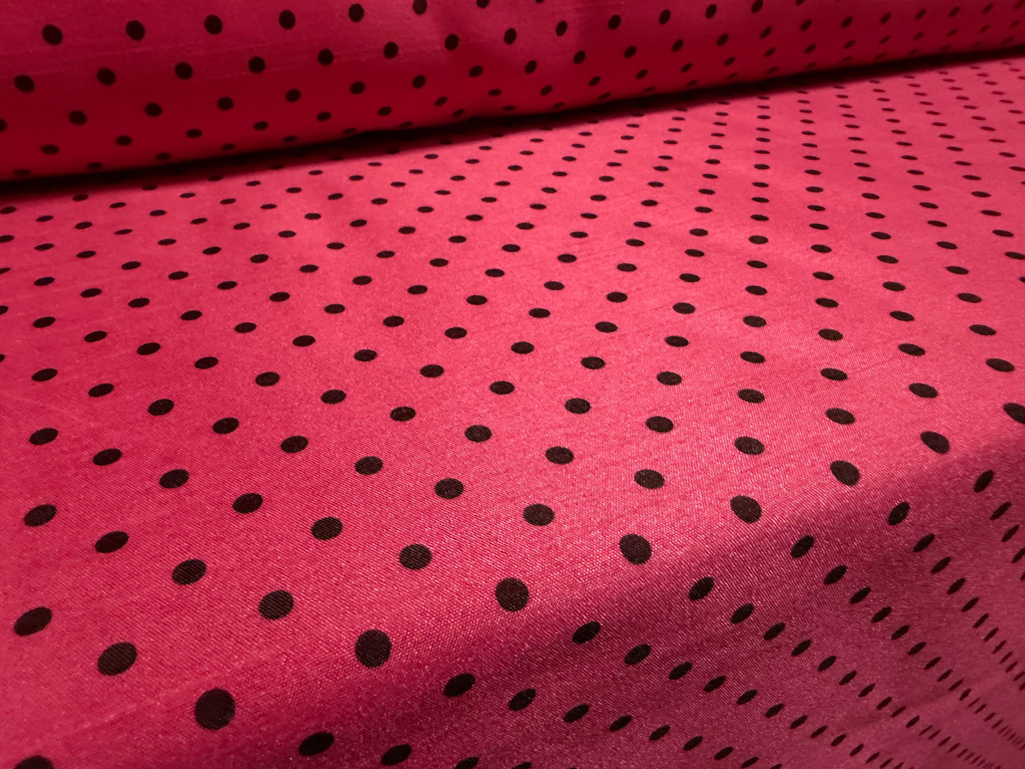 Shantung satin faux silk woven dress fabric, per metre - spot print - cerise pink