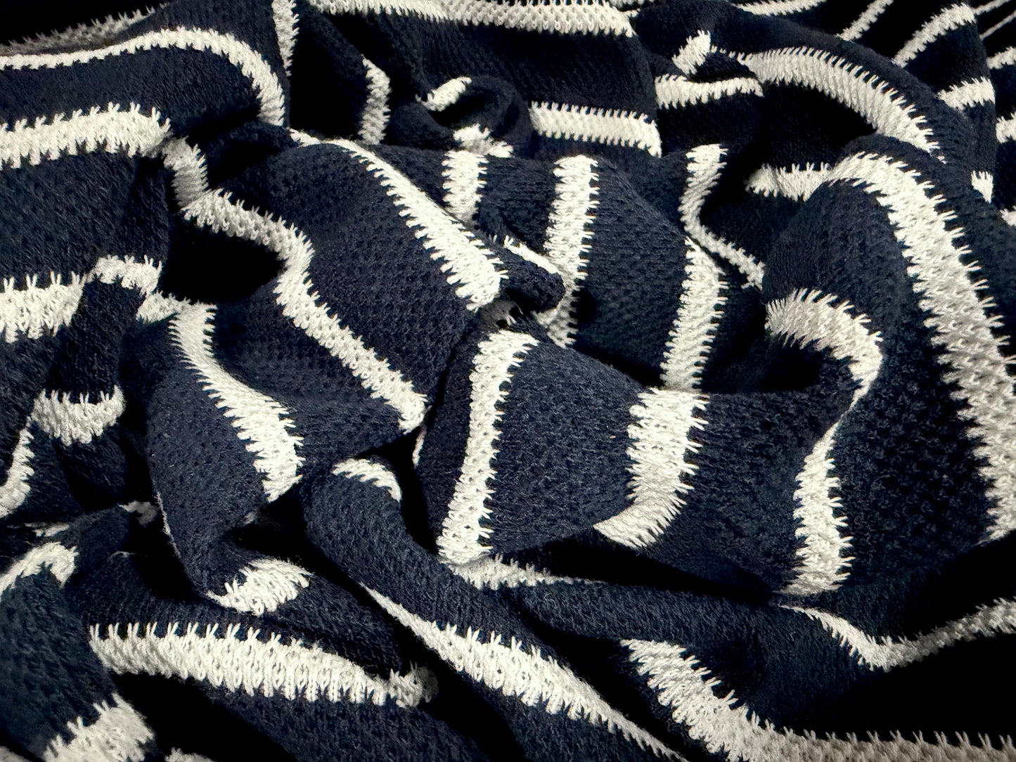 Knitwear jersey fabric, per metre - serrated stripe - dark navy & white