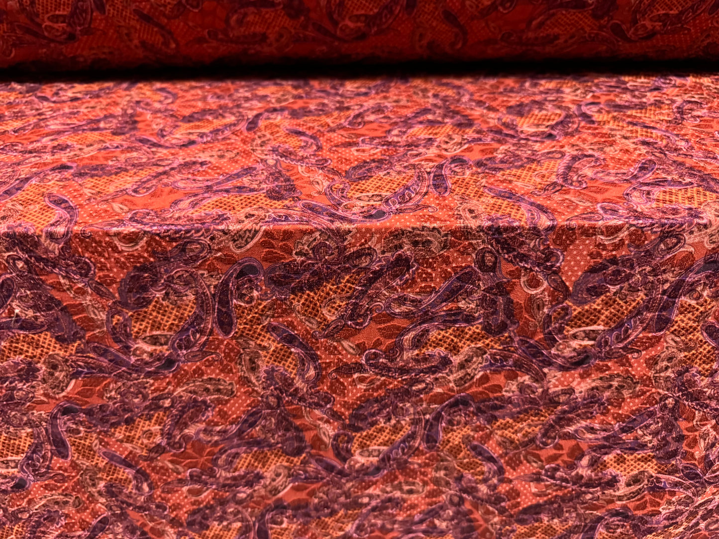 Stretch spandex jersey jacquard fabric, per metre - paisley print - burnt orange & purple