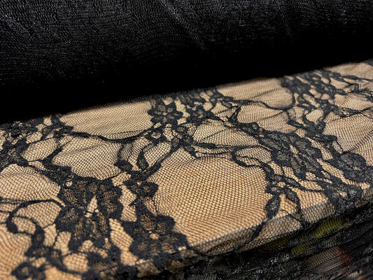 Stretch spandex lace mesh net fabric, per metre - floral pattern - black