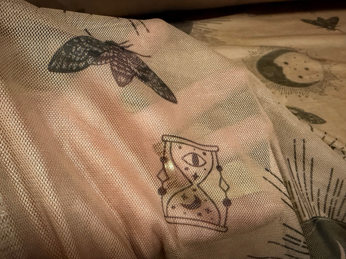 Power mesh net stretch spandex fabric, per metre - New Age Mystic print - light brown