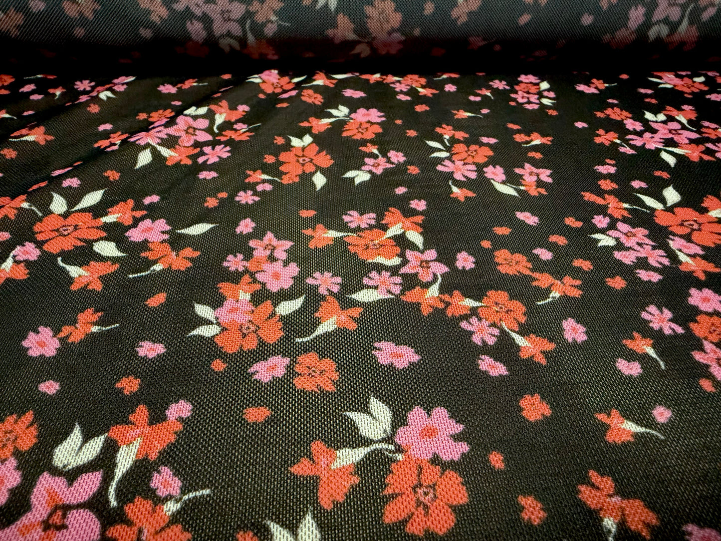 Power mesh net stretch spandex fabric, per metre - ditsy flower print - black red & pink