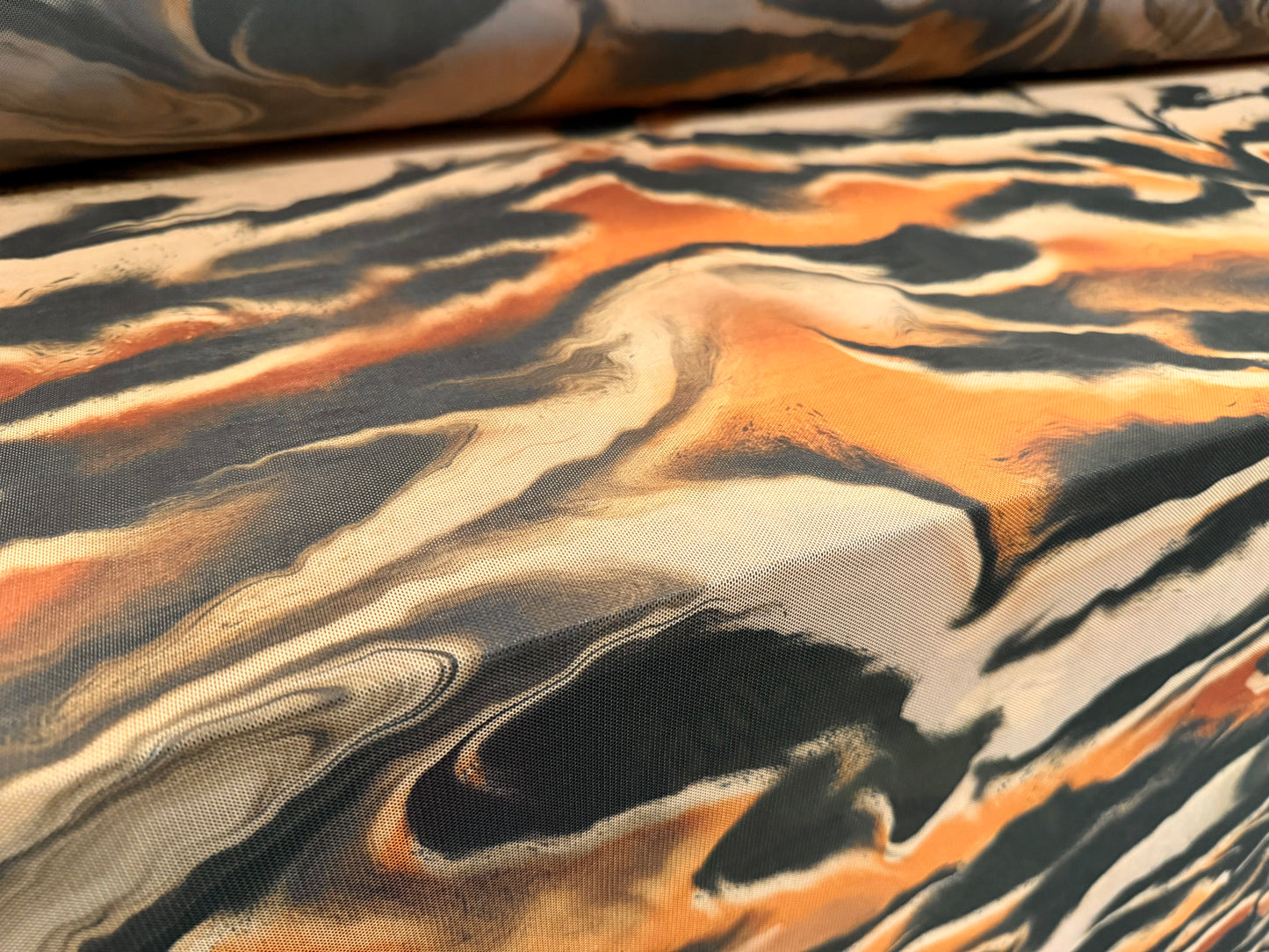 Power mesh net stretch spandex fabric, per metre - abstract tiger print - caramel & beige