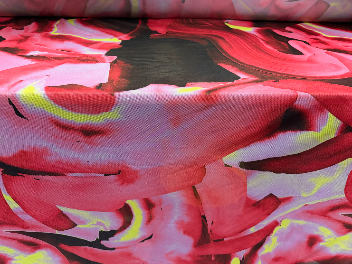 Power mesh net stretch spandex fabric, per metre - brush stroke lily print - cerise & lime