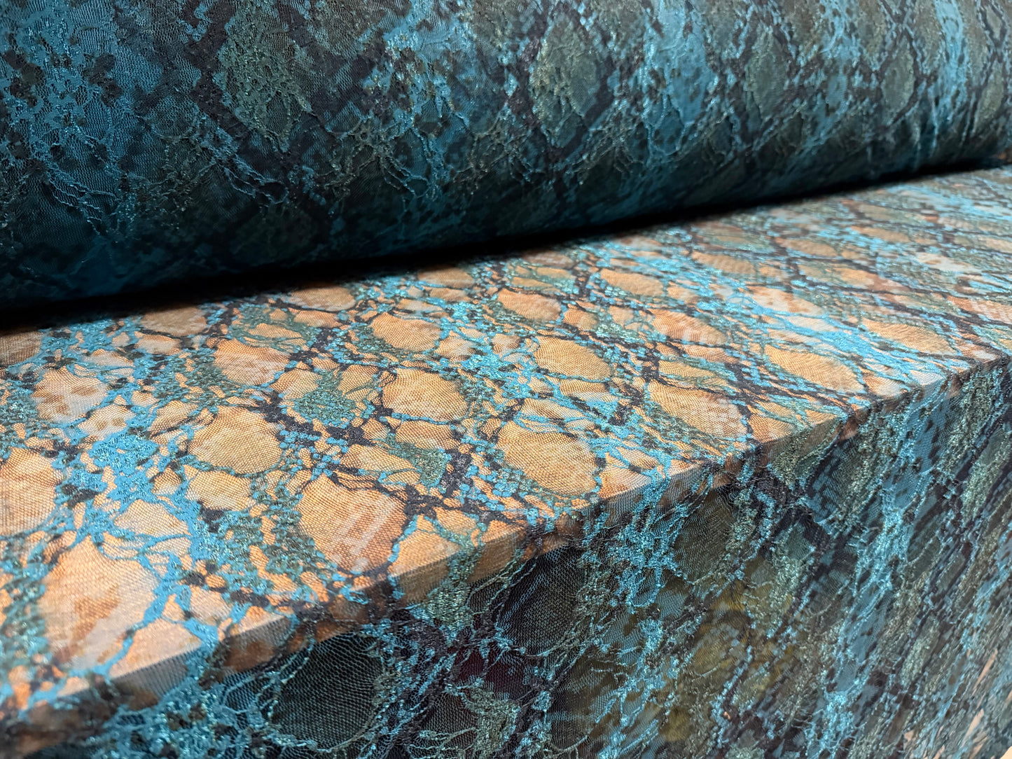 Stretch spandex mesh lace fabric, per metre - snakeskin print - kingfisher blue