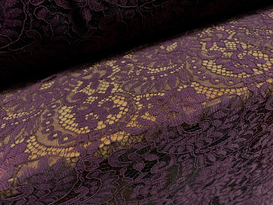 Corded Alencon lace dress fabric with decorative selvedge, per metre - floral - purple