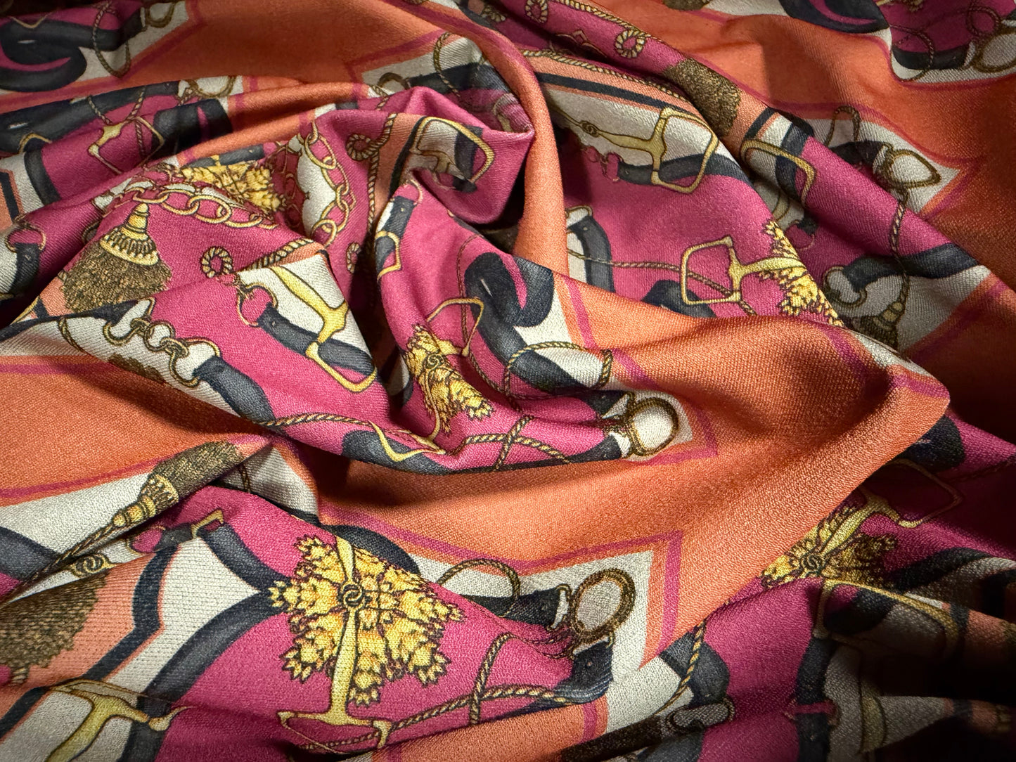 Stretch spandex crepe jersey fabric, per metre - designer quatrefoil print - pink & orange