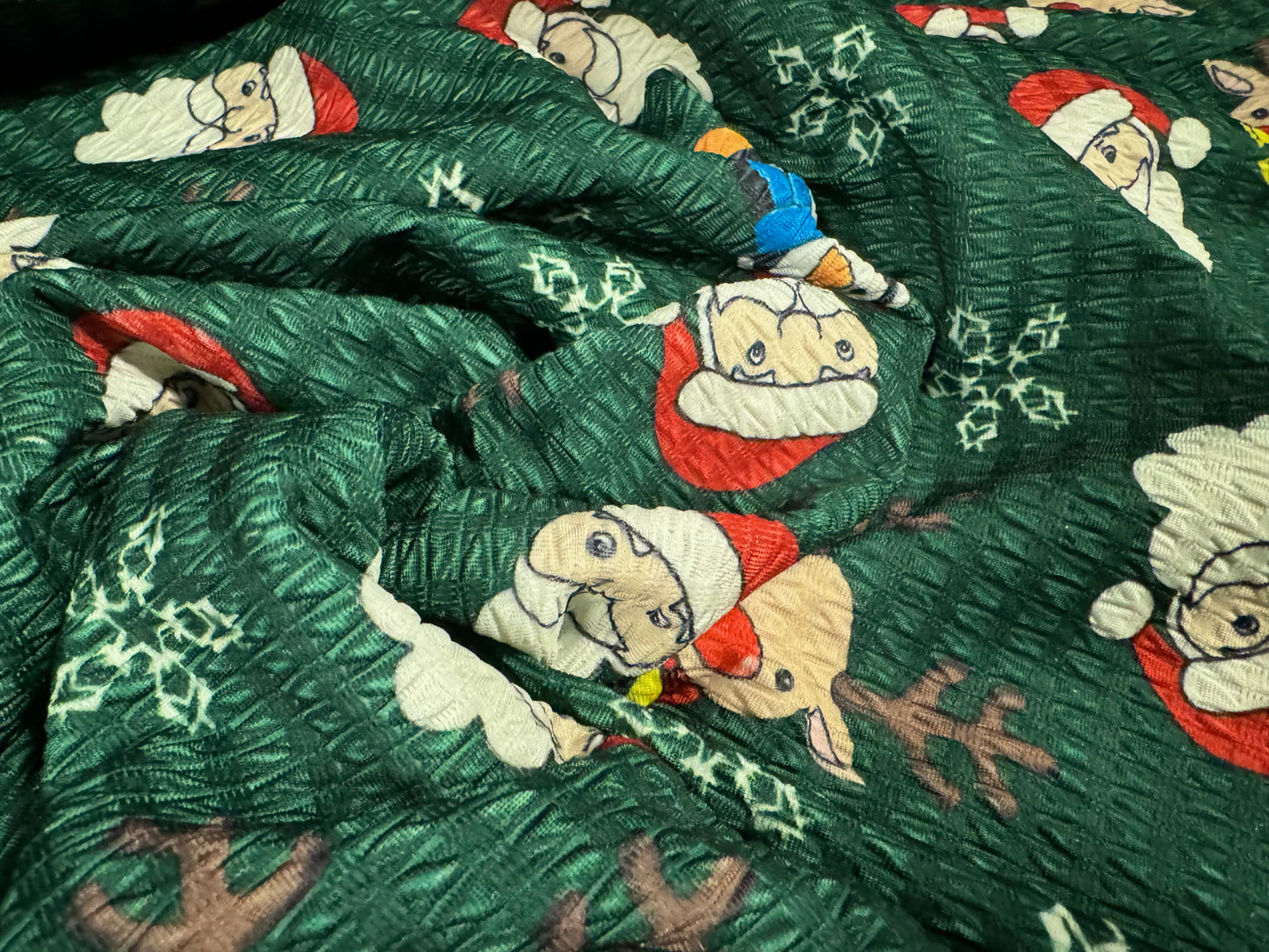 Stretch spandex jacquard jersey fabric, per metre - Santa Claus & Reindeer Christmas print - bottle green