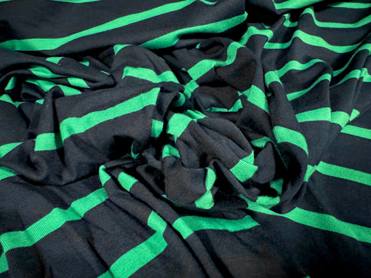 Viscose spandex stretch single jersey fabric, per metre - Bengal stripe - navy blue & emerald green