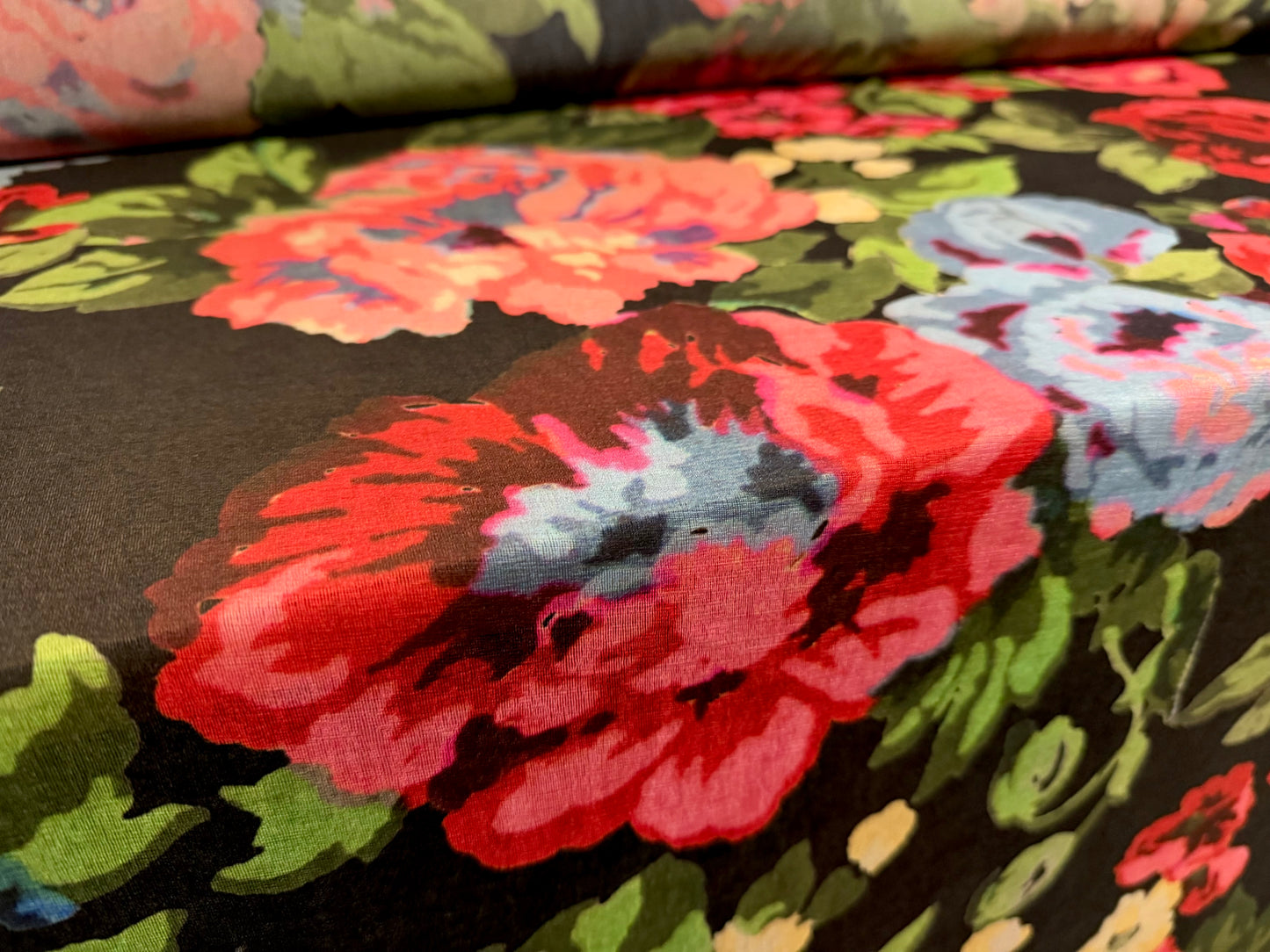 Stretch chiffon jersey fashion fabric, per metre - floral print - black & pink