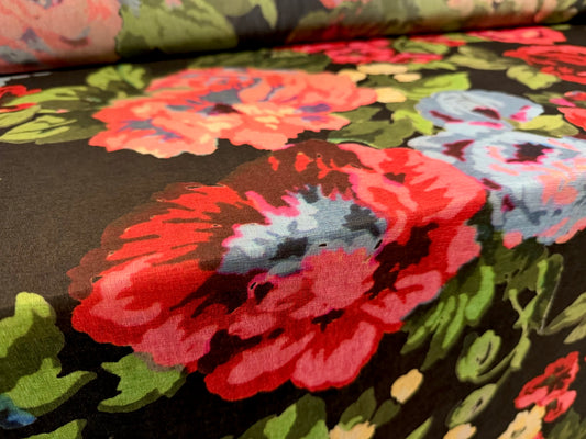 Stretch chiffon jersey fashion fabric, per metre - floral print - black & pink