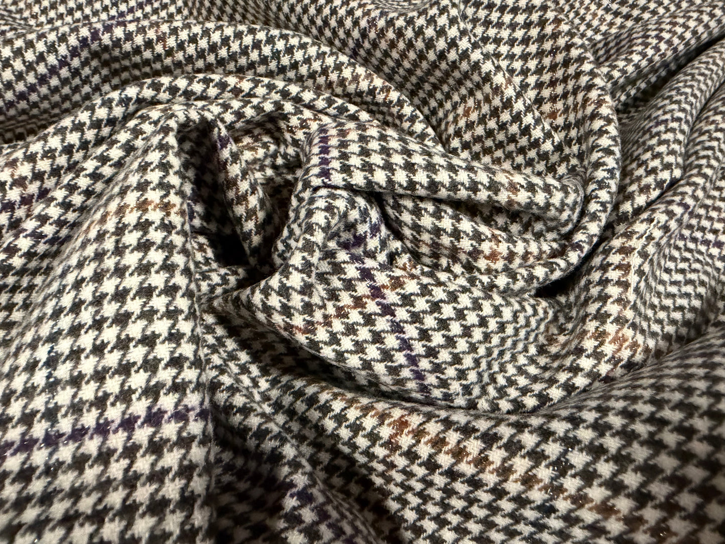 Metallic wool tweed fabric, per metre - dogtooth check - brown purple & emerald