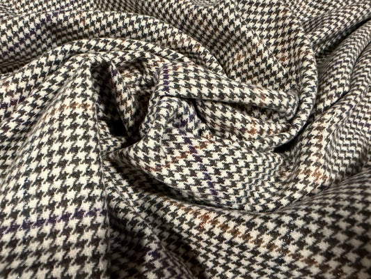 Metallic wool tweed fabric, per metre - dogtooth check - brown purple & emerald