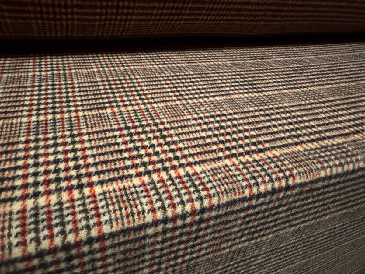 Heavyweight wool flannel coat jacket fabric, per metre - dogtooth check - stone navy & wine
