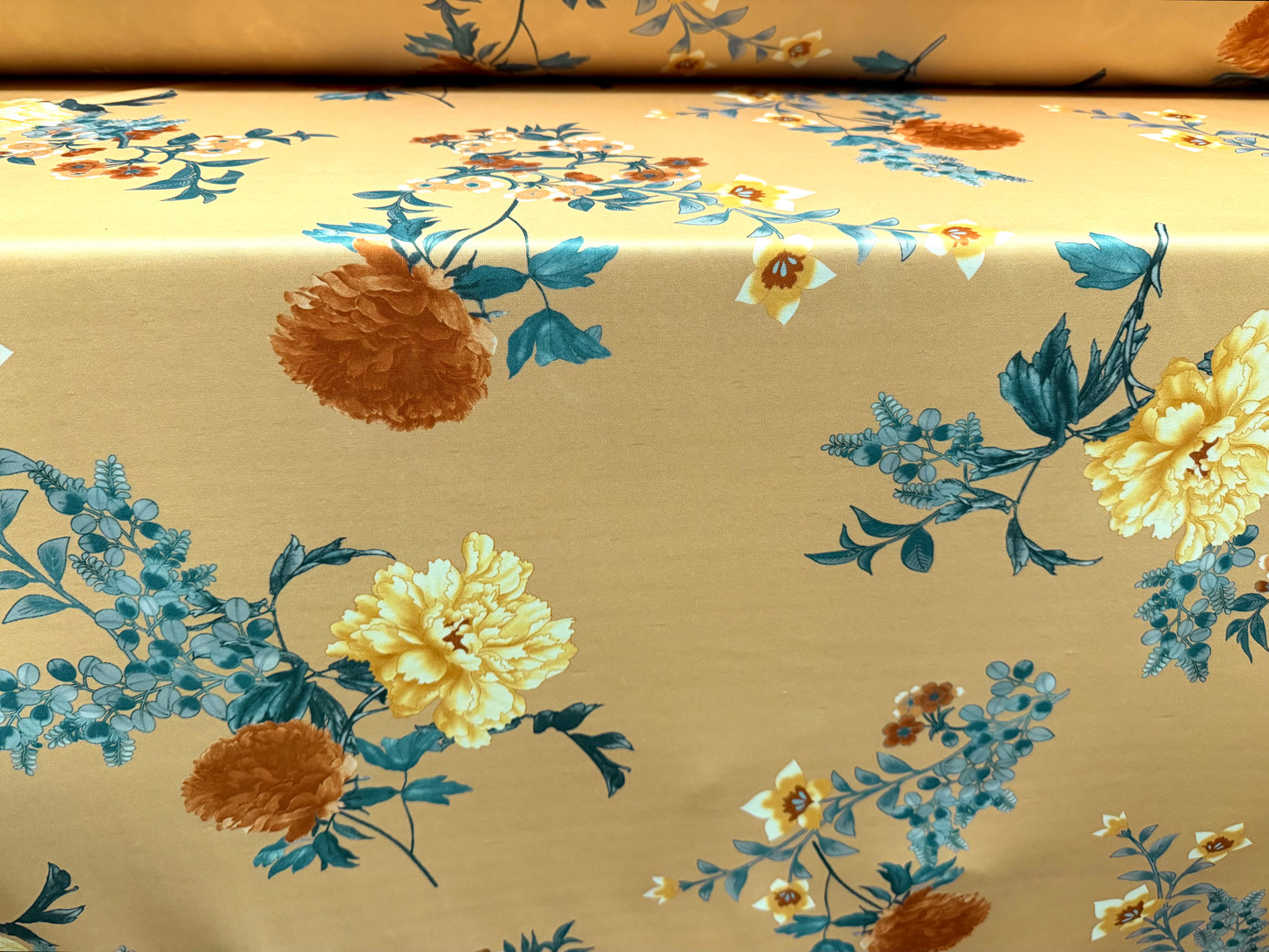 Scuba stretch spandex double jersey fabric, per metre - floral print - old gold & powder blue