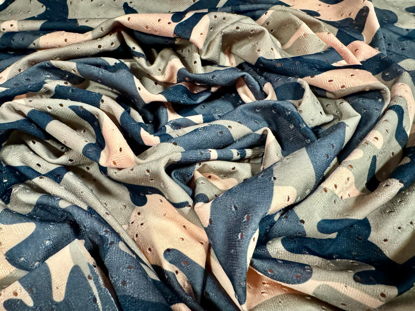 Broderie anglaise stretch spandex jersey fabric, per metre - camouflage print - nude sage & blue