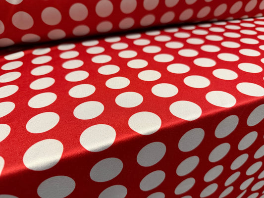Stretch spandex crepe jersey fabric, per metre - polka dot print - red & grey