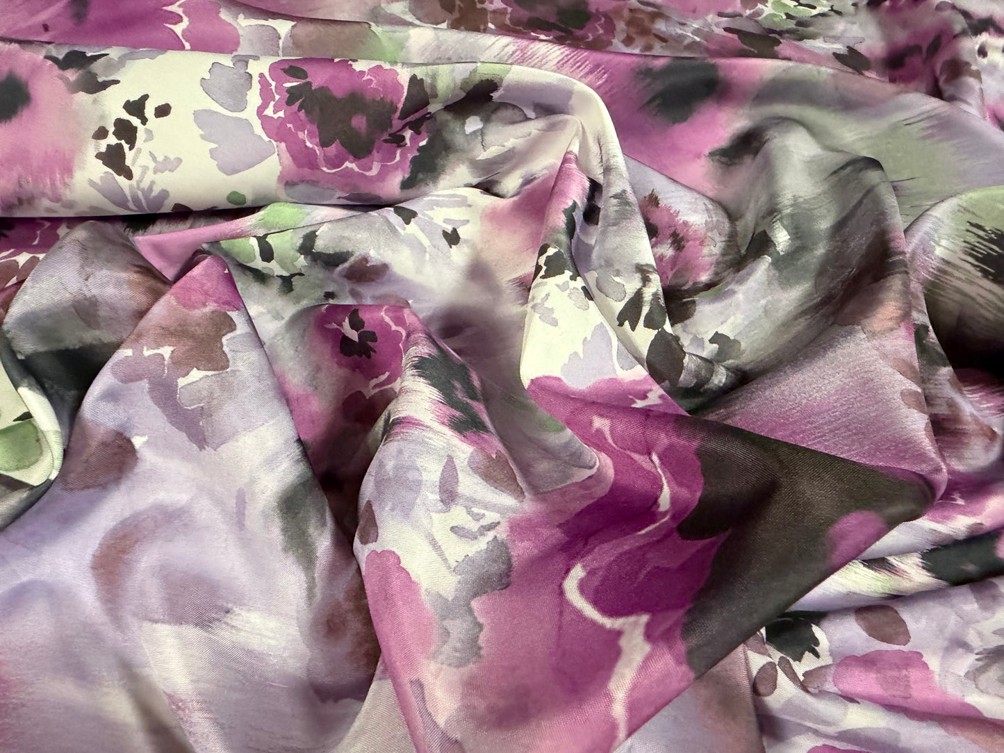 Pongee woven dress fabric, per metre - floral smudge print - magenta