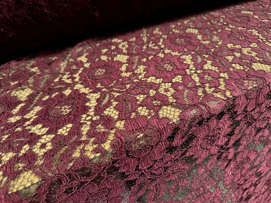 Heavy corded Alencon lace dress fabric with decorative selvedge, per metre - floral - burgundy