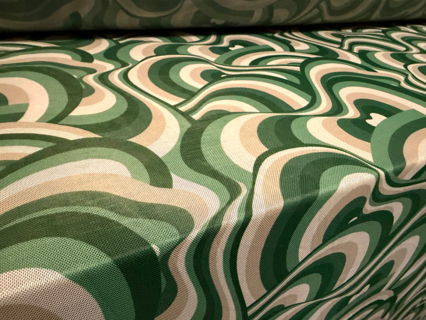 Power mesh net stretch spandex fabric, per metre - retro swirl print - green & beige