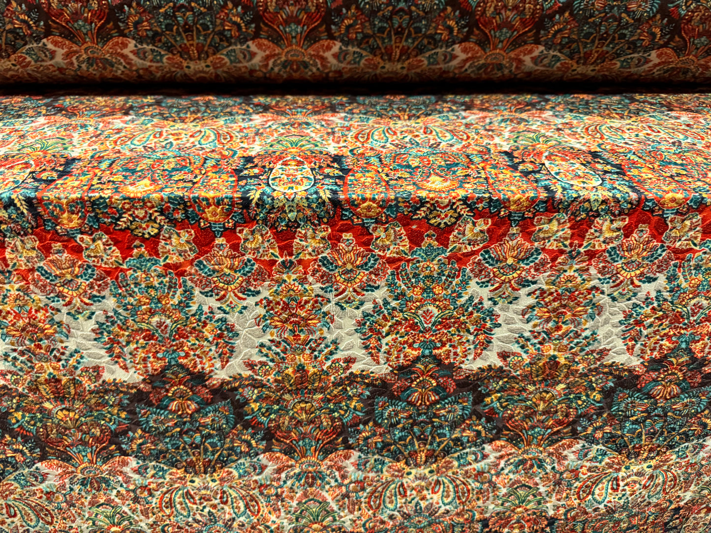 Stretch spandex jersey jacquard fabric, per metre - stylised paisley print - cream orange & turquoise