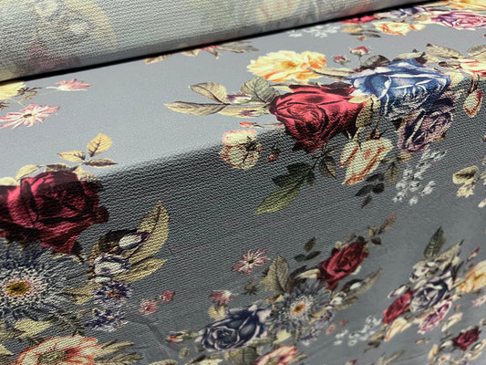 Pebble crepe woven dress fabric, per metre - rose flower print - powder blue