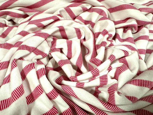 Soft interlock jersey fabric, per metre - stripe - raspberry & white